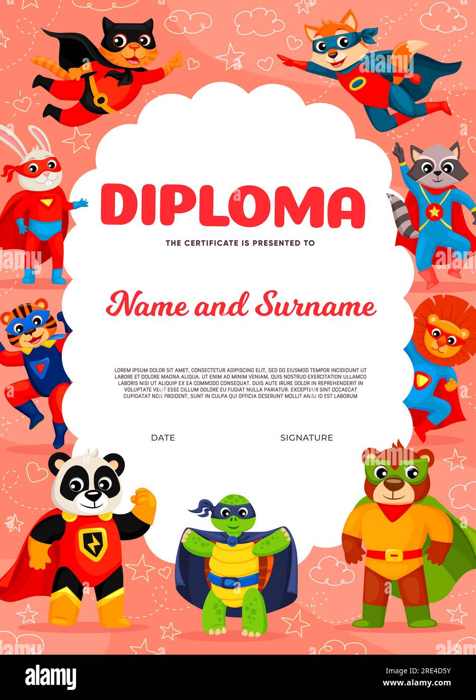 Diploma bambini per supereroe con personaggi animati. Diploma vettoriale o certificato verticale di istruzione per bambini con gatto, orso, procione e cane carini, coniglio, panda, leone e tartaruga Illustrazione Vettoriale