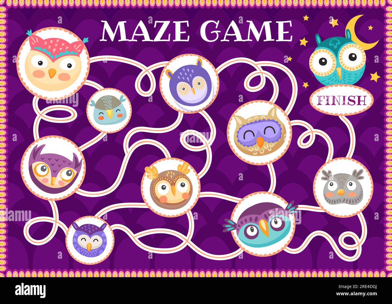 Labirinto di labirinti con uccelli civetta e giochi per bambini. Puzzle a bordo vettoriale con simpatici personaggi dei cartoni animati e un percorso aggrovigliato. Gioco da tavolo per il tempo libero del bambino con percorso, inizio e fine, enigma attività per bambini Illustrazione Vettoriale