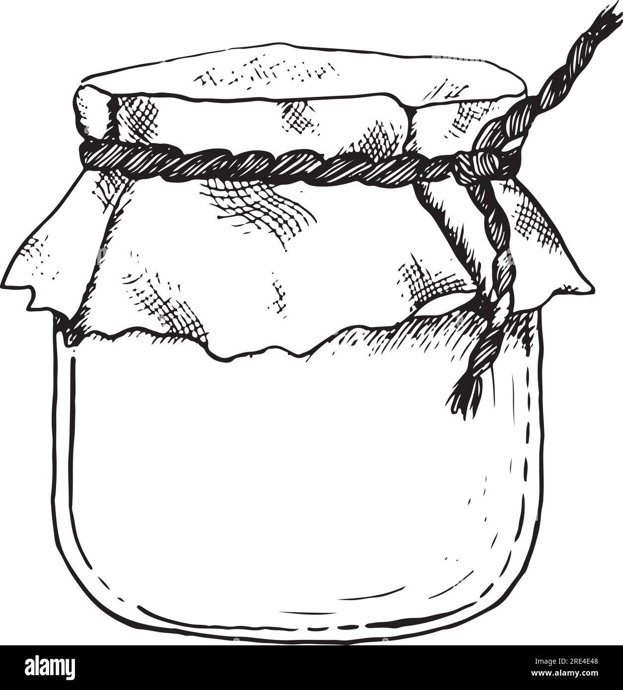 Illustrazione grafica vettoriale del vaso di miele. Disegno a linee di pentola con cappuccio in tela di lino e clipart realistico con corda Illustrazione Vettoriale