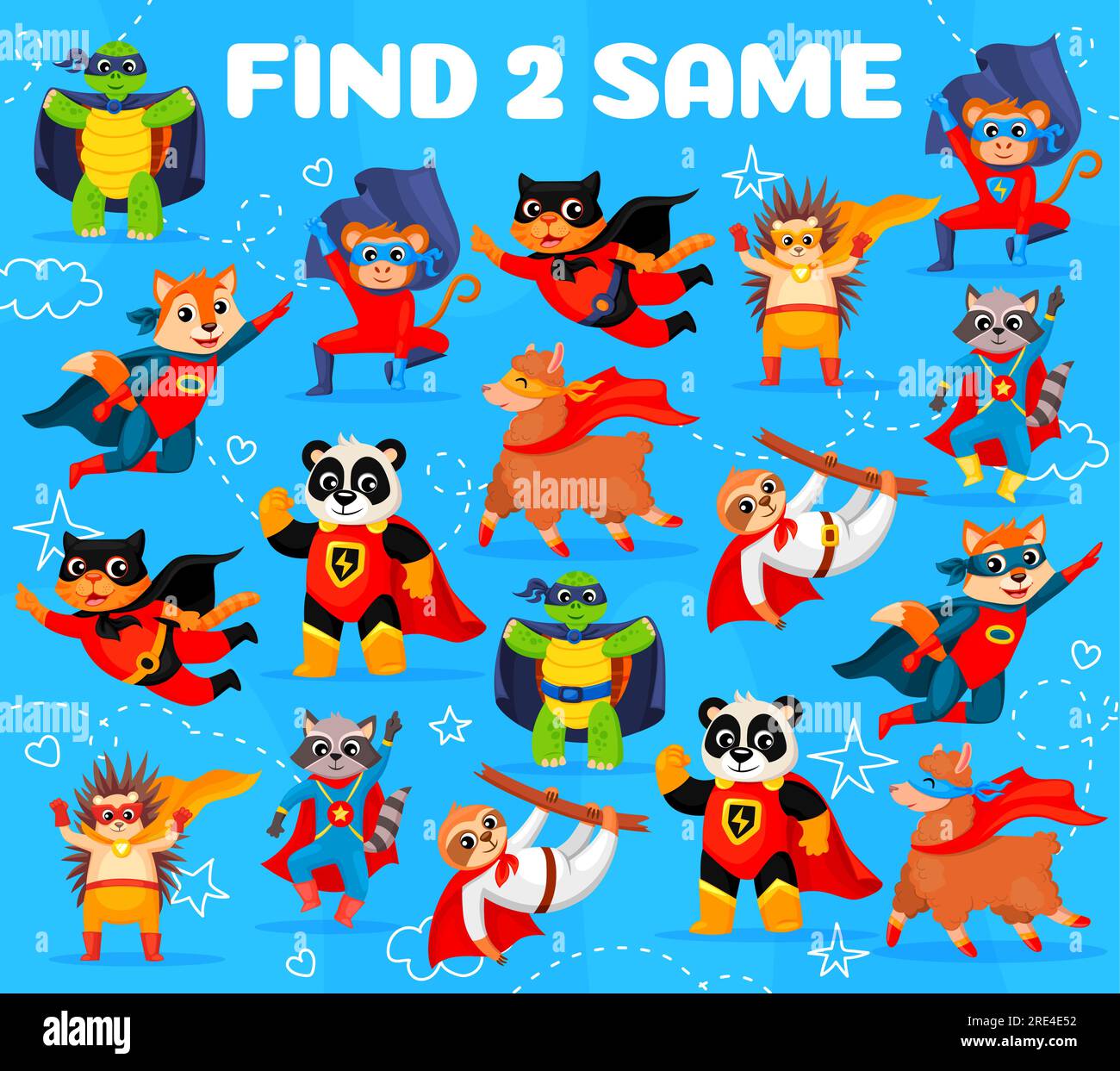 Trova due personaggi animali supereroi dei cartoni animati, un gioco per bambini o un foglio di lavoro vettoriale puzzle. Gioco di abbinamento o quiz di logica con simpatici personaggi di gatto, cane e procione, scimmie e tartarughe supereroi Illustrazione Vettoriale