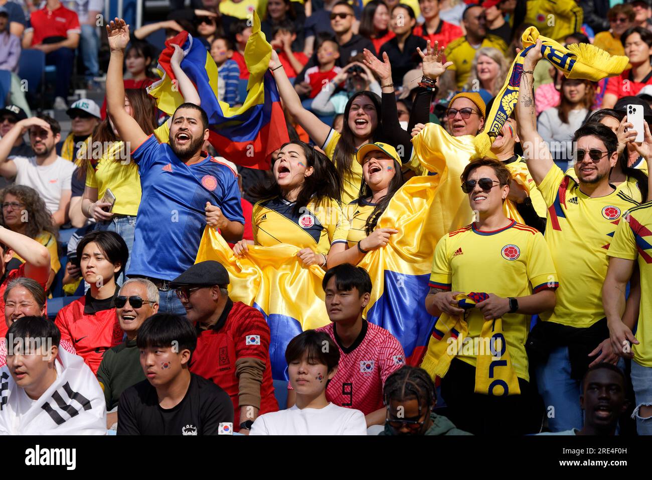 Sydney, Australia. 25 luglio 2023. I tifosi colombiani mostrano il loro sostegno durante la Coppa del mondo femminile FIFA 2023 tra Colombia e Repubblica di Corea al Sydney Football Stadium il 25 luglio 2023 a Sydney, Australia Credit: IOIO IMAGES/Alamy Live News Foto Stock