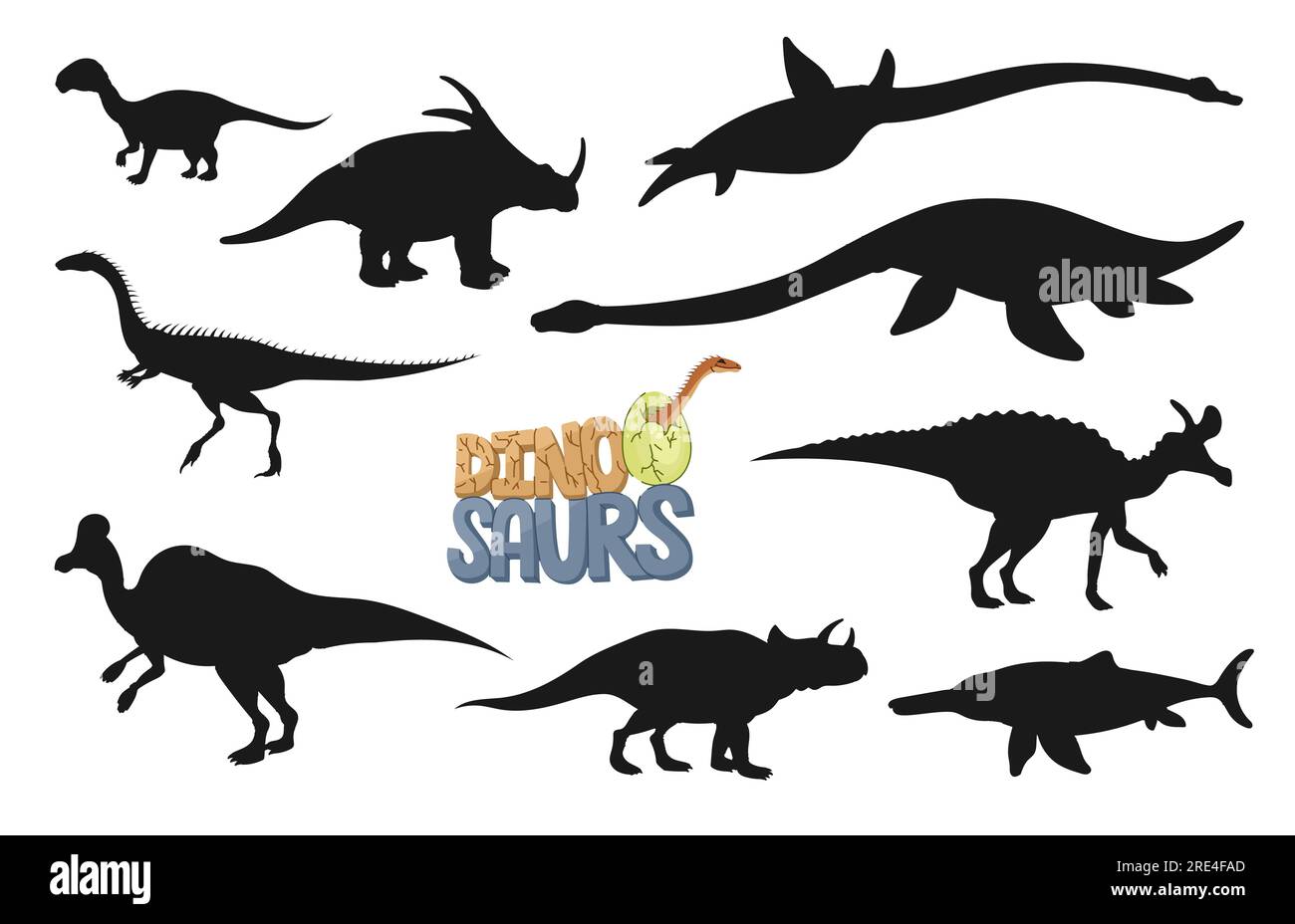 Sagome dei dinosauri di dinosauri animali dinosauri preistorici. Vector elaphrosaurus, ichthyosaurus, plesiosaurus e avaceratops, mussaurus, styracosaurus, set di dinosauri di lambeosaurus e corythosaurus Illustrazione Vettoriale