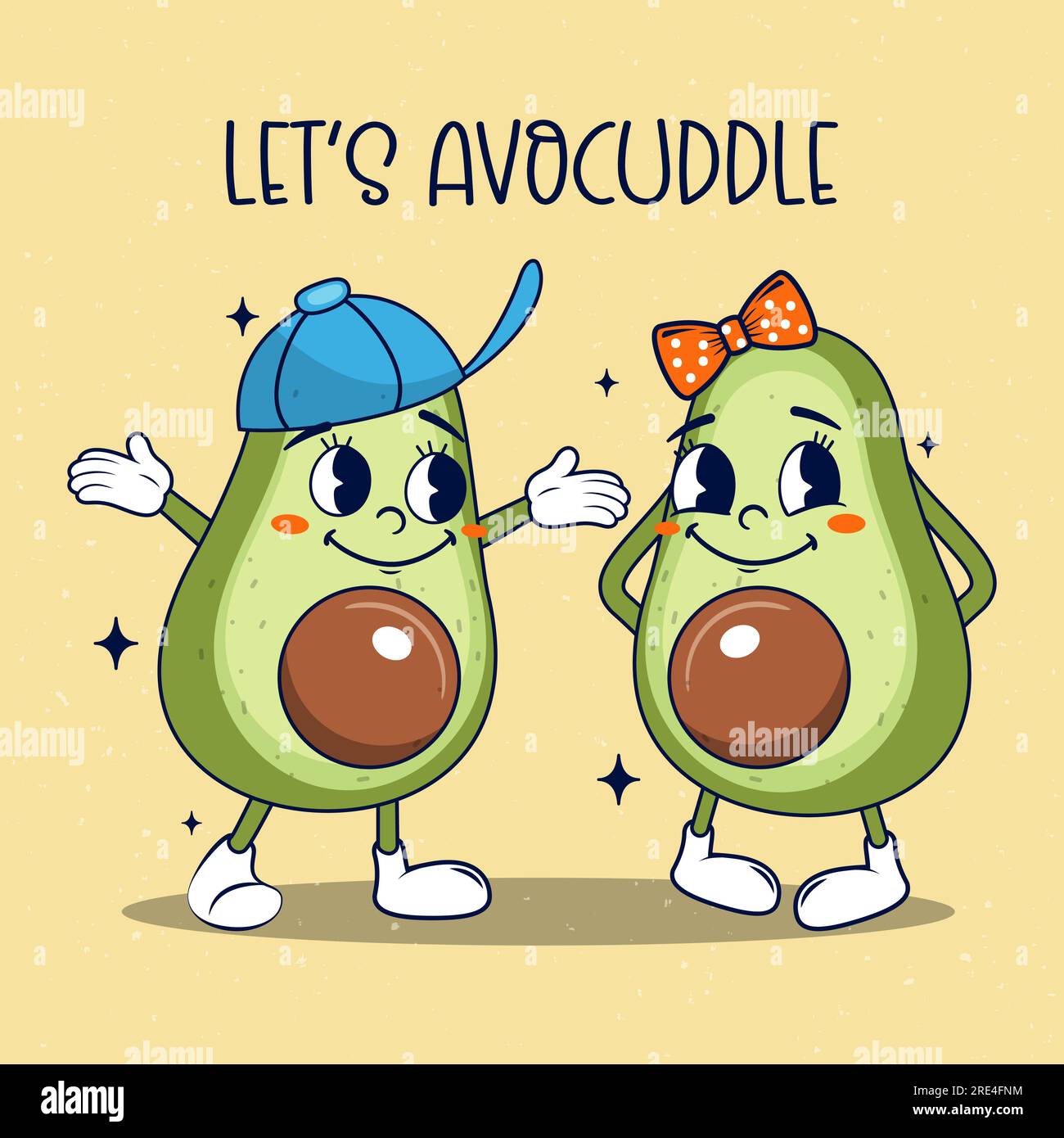 I personaggi dei cartoni animati di avocado si sposano in stile poster retrò con testo che lascia il segno. Illustrazione vettoriale. Illustrazione Vettoriale