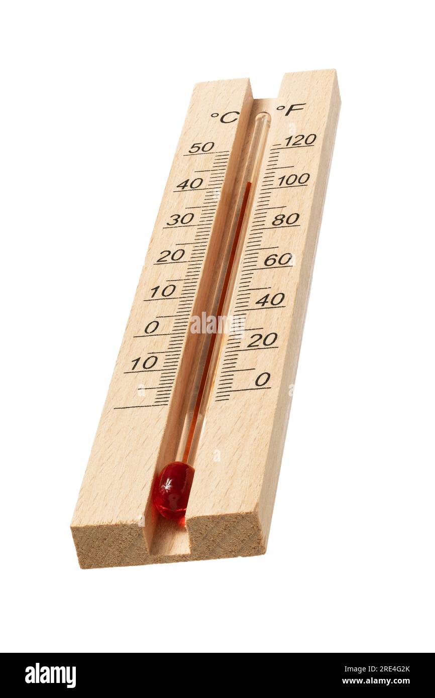 Temperatura elevata, quarantadue gradi Celsius su un termometro in legno isolato su sfondo bianco Foto Stock