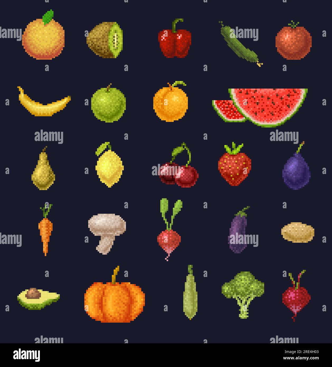 immagini a 8 bit di frutta, frutti di bosco e verdura icone di prodotti agricoli vettoriali. Videogioco retrò fragole, arancia, pomodoro e pepe, carota, ciliegia, mela e banana, ravanelli, broccoli, avocado Illustrazione Vettoriale