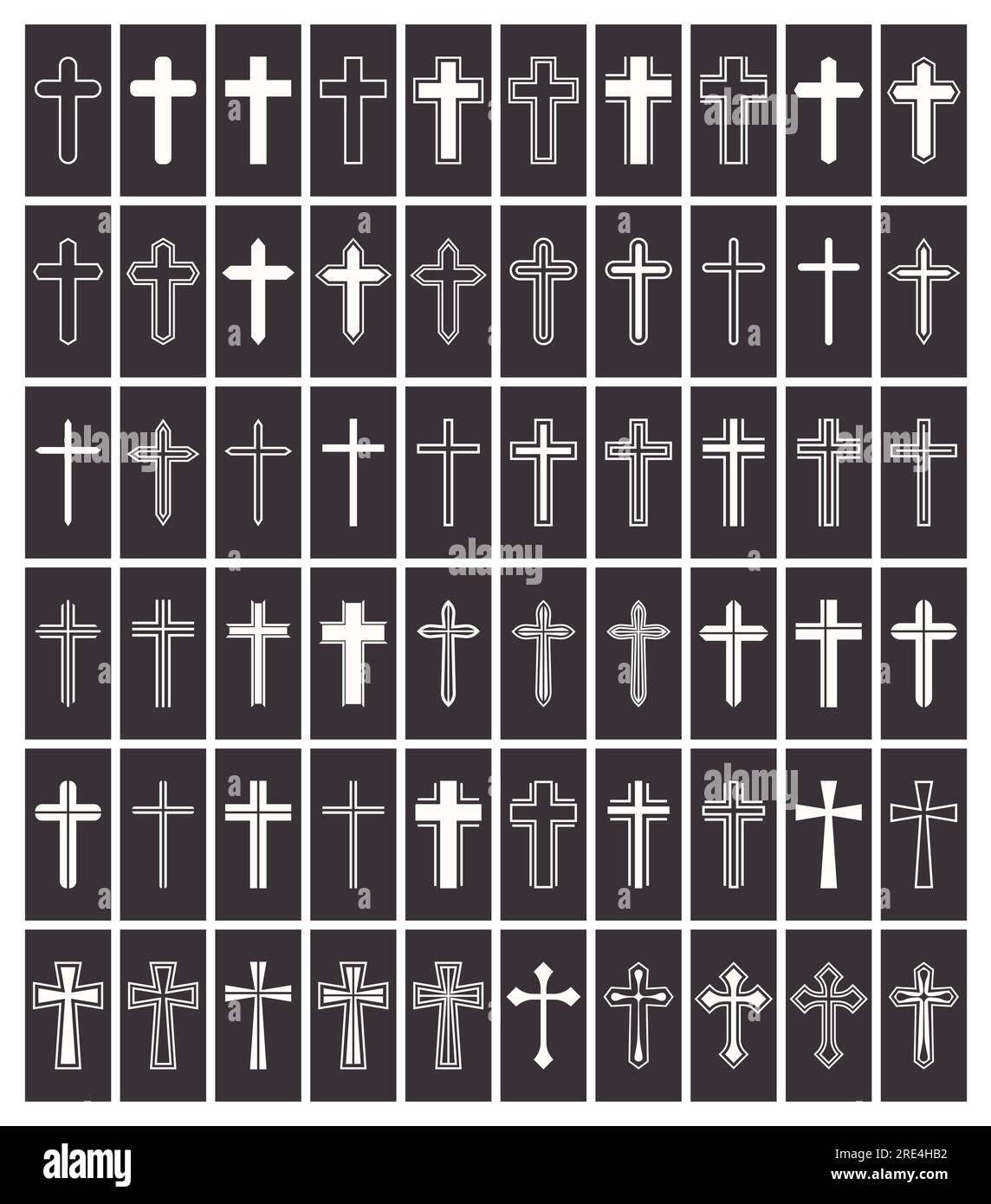 Icone Flat Vector Black and White Christian Cross. Linea silhouette ritagliata Black Christian Crosses Collection Isolated. Illustrazione Vettoriale