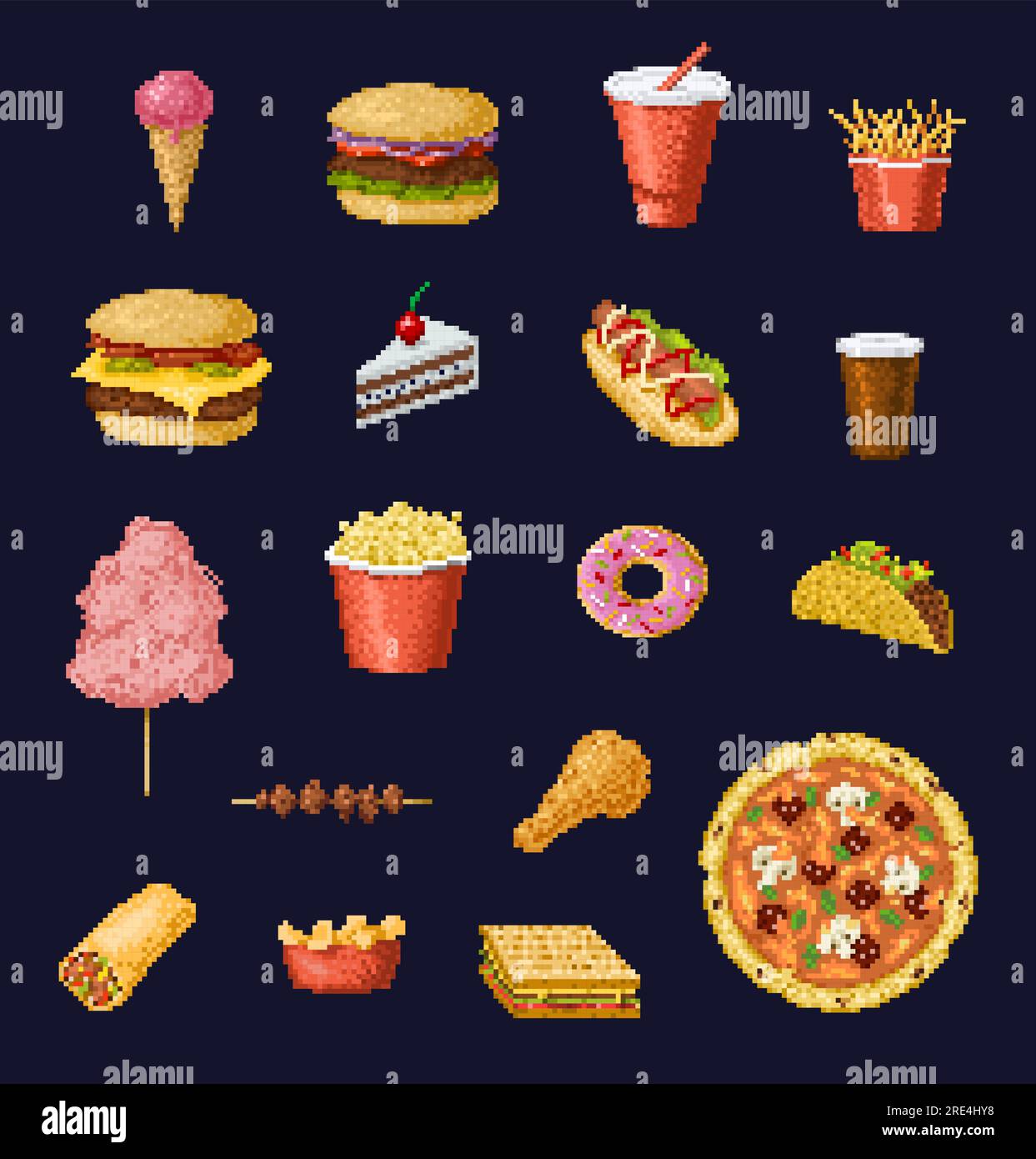 fast food e bevande con grafica a 8 bit, icone vettoriali del set di videogiochi retrò. Pizza pixelata, hamburger e sandwich, hamburger, caffè, hot dog, cosce di pollo e torta, taco, ciambelle, patatine fritte, bibite gassate o gelato Illustrazione Vettoriale