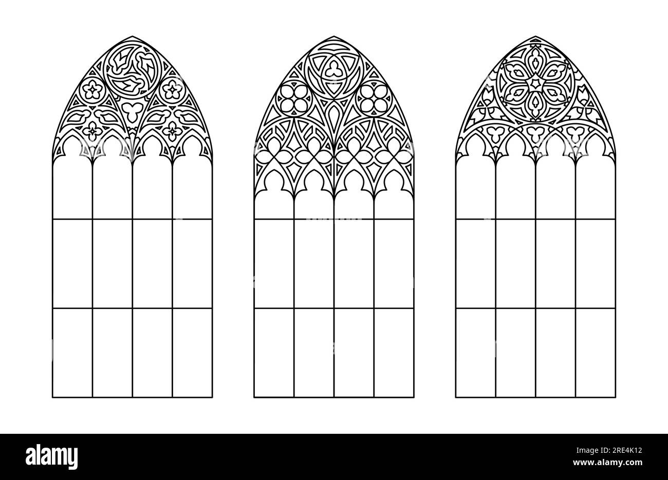 Finestre di vetro della chiesa. Tre cornici cattoliche. Illustrazione Vettoriale