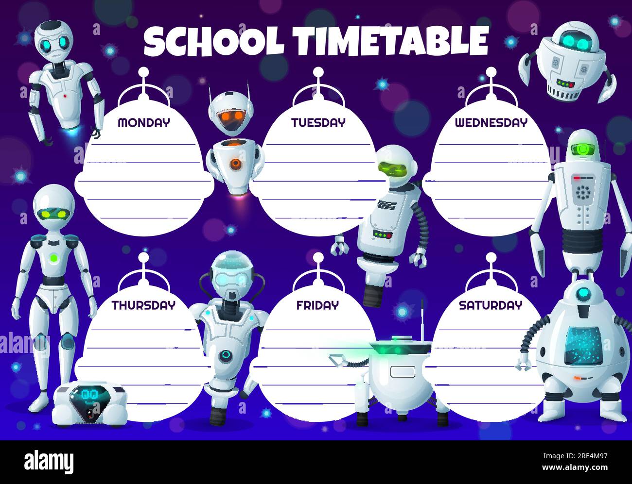 Cartoni animati robot didattici per bambini programma. Tabella temporale degli studenti di scuola vettoriale, piano di studio o modello di grafico settimanale con robot di intelligenza artificiale, robot android e droidi umanoidi Illustrazione Vettoriale