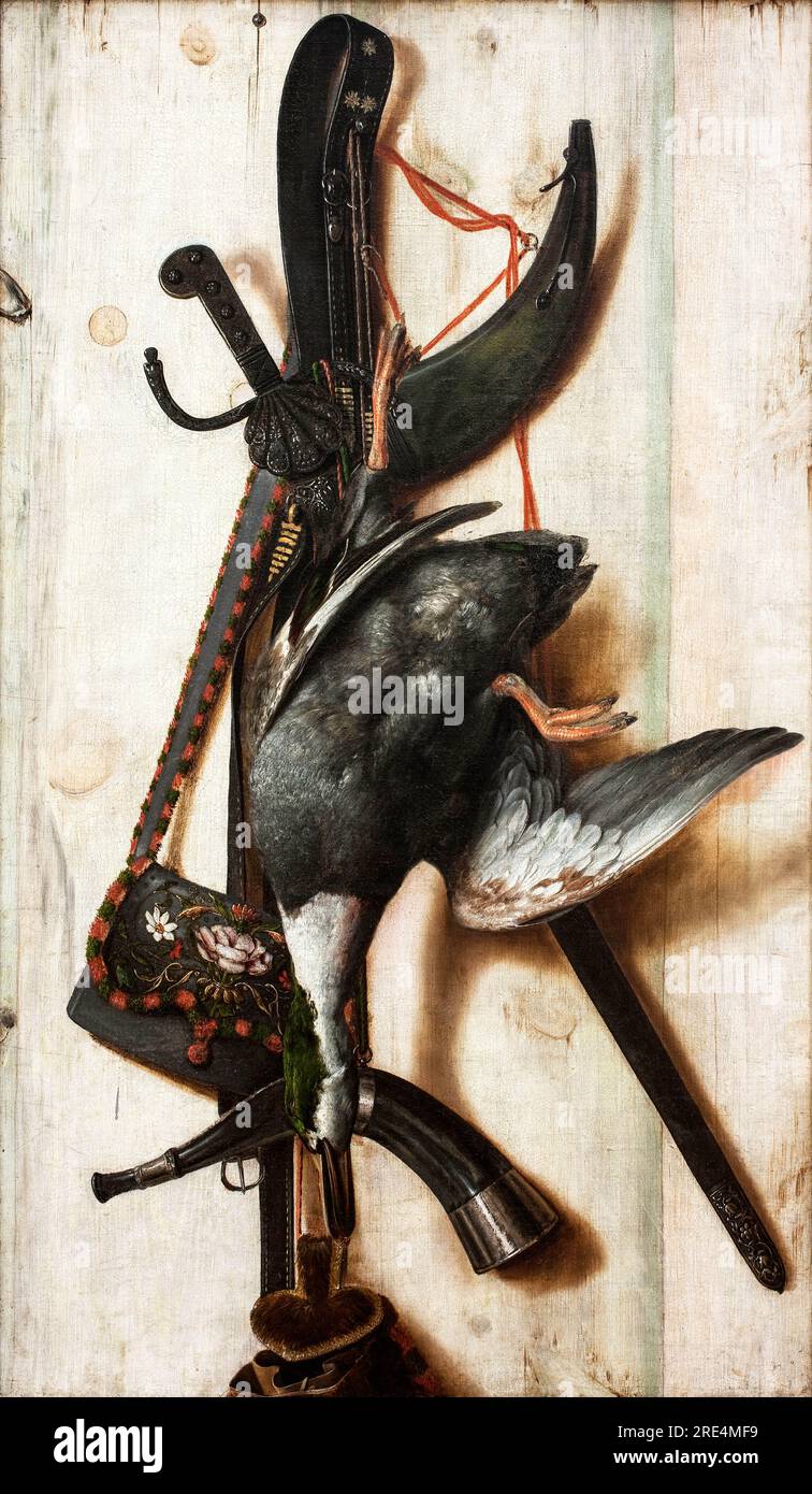 Trompe l'oeil con anatra morta e attrezzi da caccia di Cornelis Norbertus Gysbrechts More: Immagine originale di pubblico dominio dal Museo Statens per Kun Foto Stock