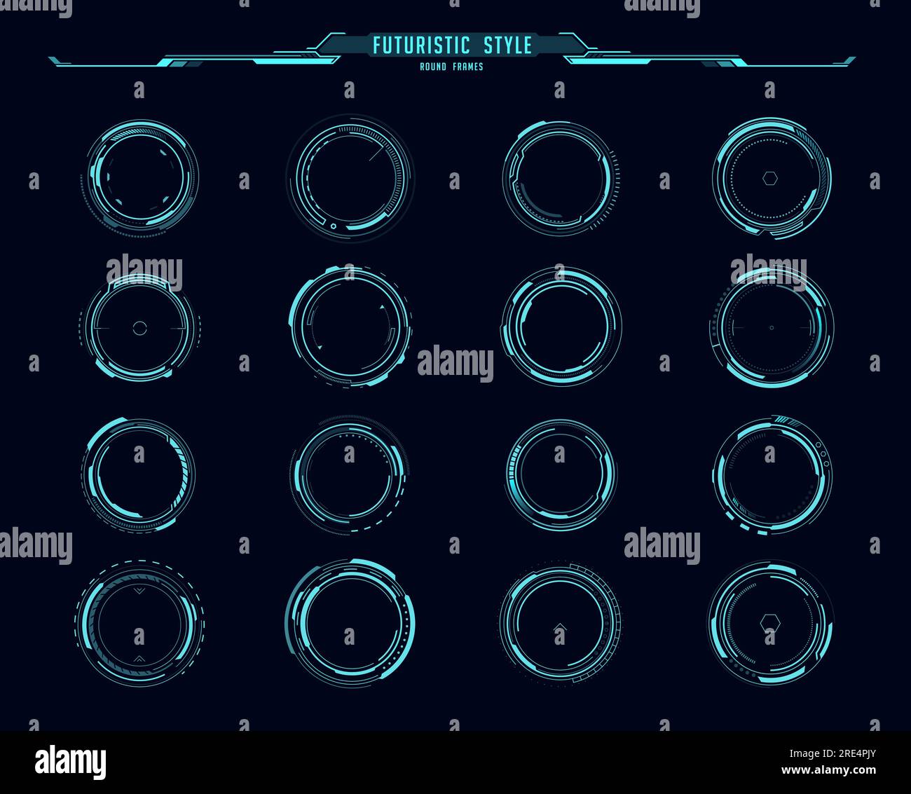 Cornici tonde dell'interfaccia HUD, controllo del puntamento e cerchi di destinazione, dashboard dell'interfaccia utente digitale vettoriale. Pulsanti rotondi e mirino con schermo virtuale cyber, ologrammi circolari con tecnologia futuristica HUD e cornici rotonde Illustrazione Vettoriale