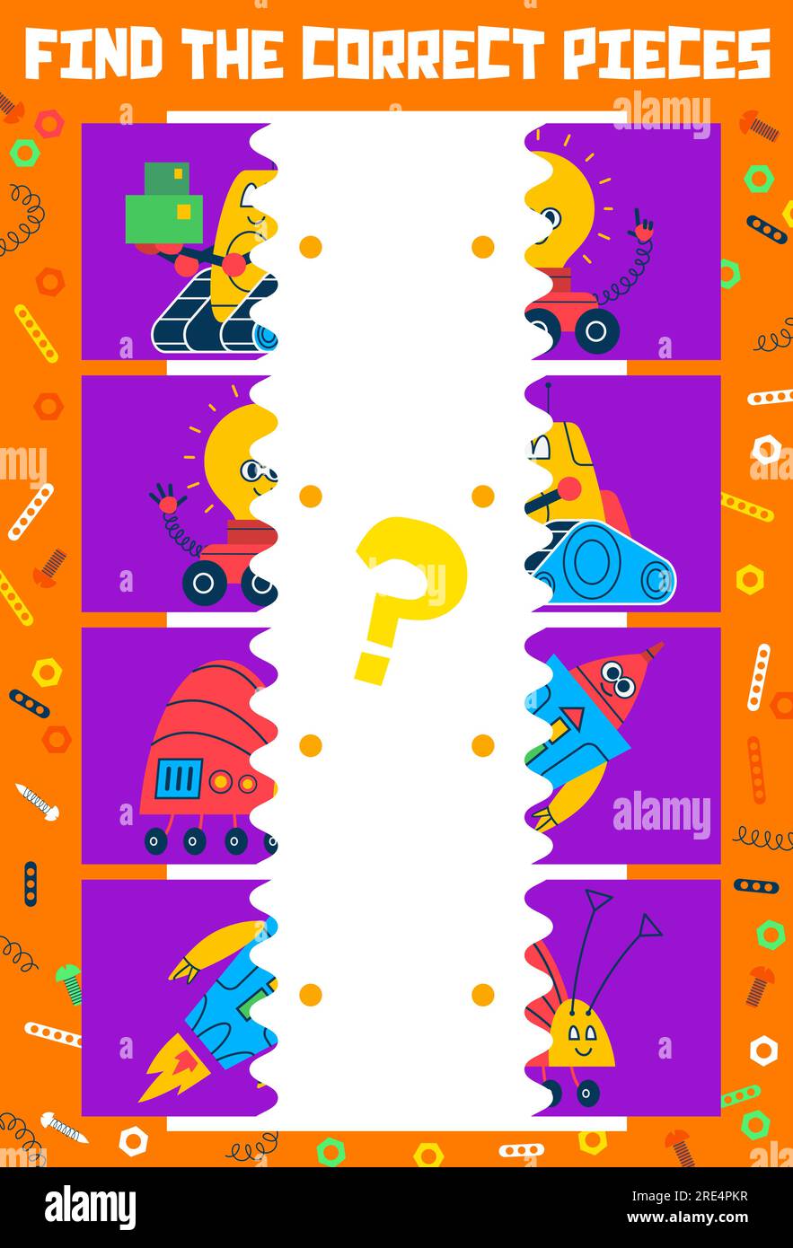Trova i pezzi corretti di robot cartoni animati e personaggi droidi, quiz di gioco per bambini. Foglio di lavoro puzzle vettoriale, abbina le metà di simpatici giocattoli robotici, spaziatore robot, assistente android e lumaca droide Illustrazione Vettoriale