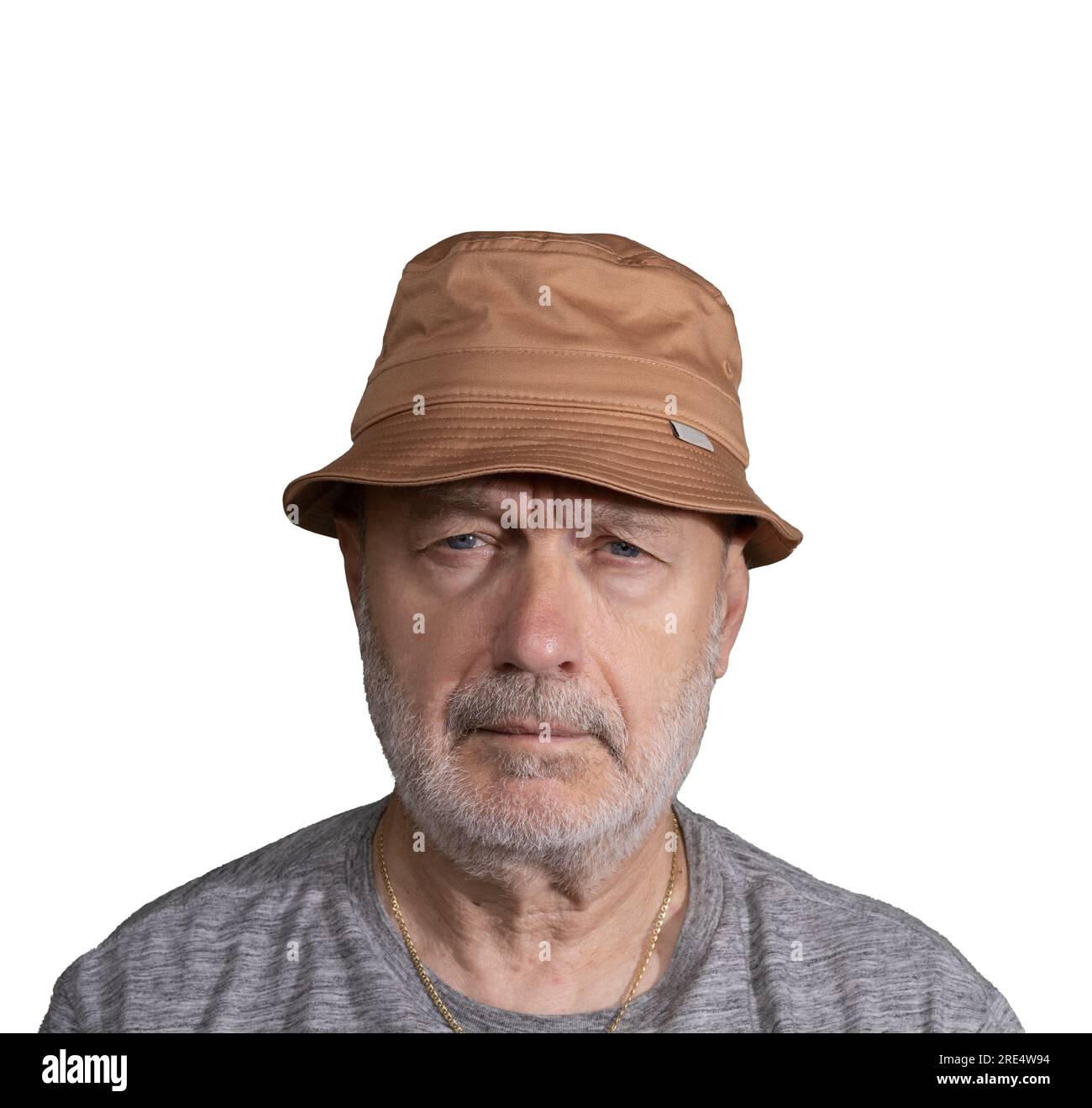 uomo di mezza età con un cappello marrone su sfondo trasparente Foto Stock