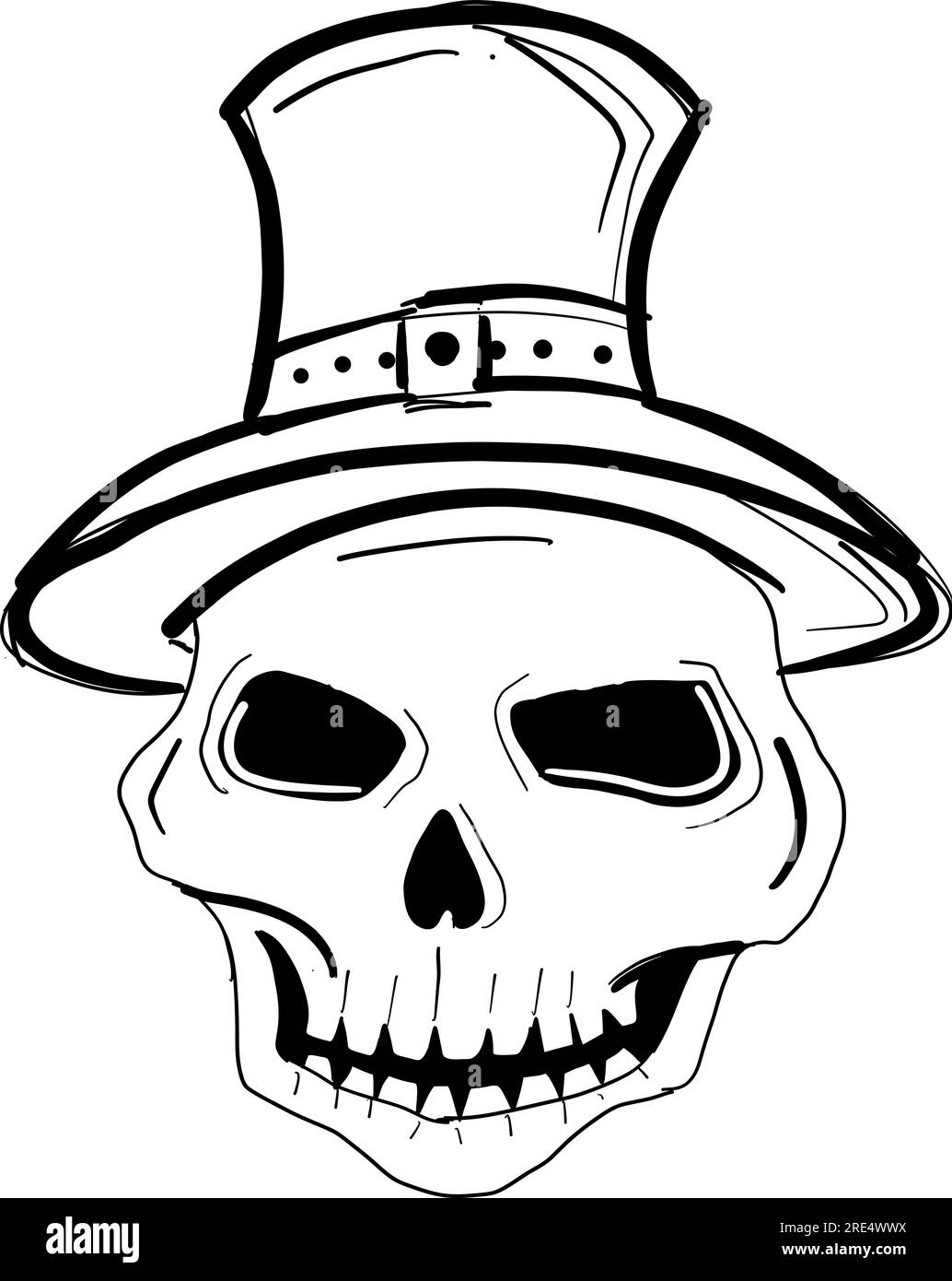 Skull Ghost indossa un cappello da strega linee disegnate a mano su uno sfondo bianco, isolatevi Illustrazione Vettoriale