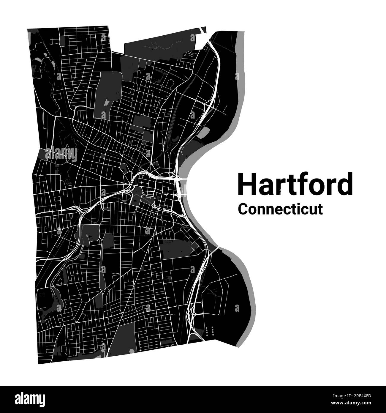Mappa della città di Hartford, capitale dello stato USA del Connecticut. Confini amministrativi comunali, mappa dell'area in bianco e nero con fiumi e strade, parchi e Illustrazione Vettoriale