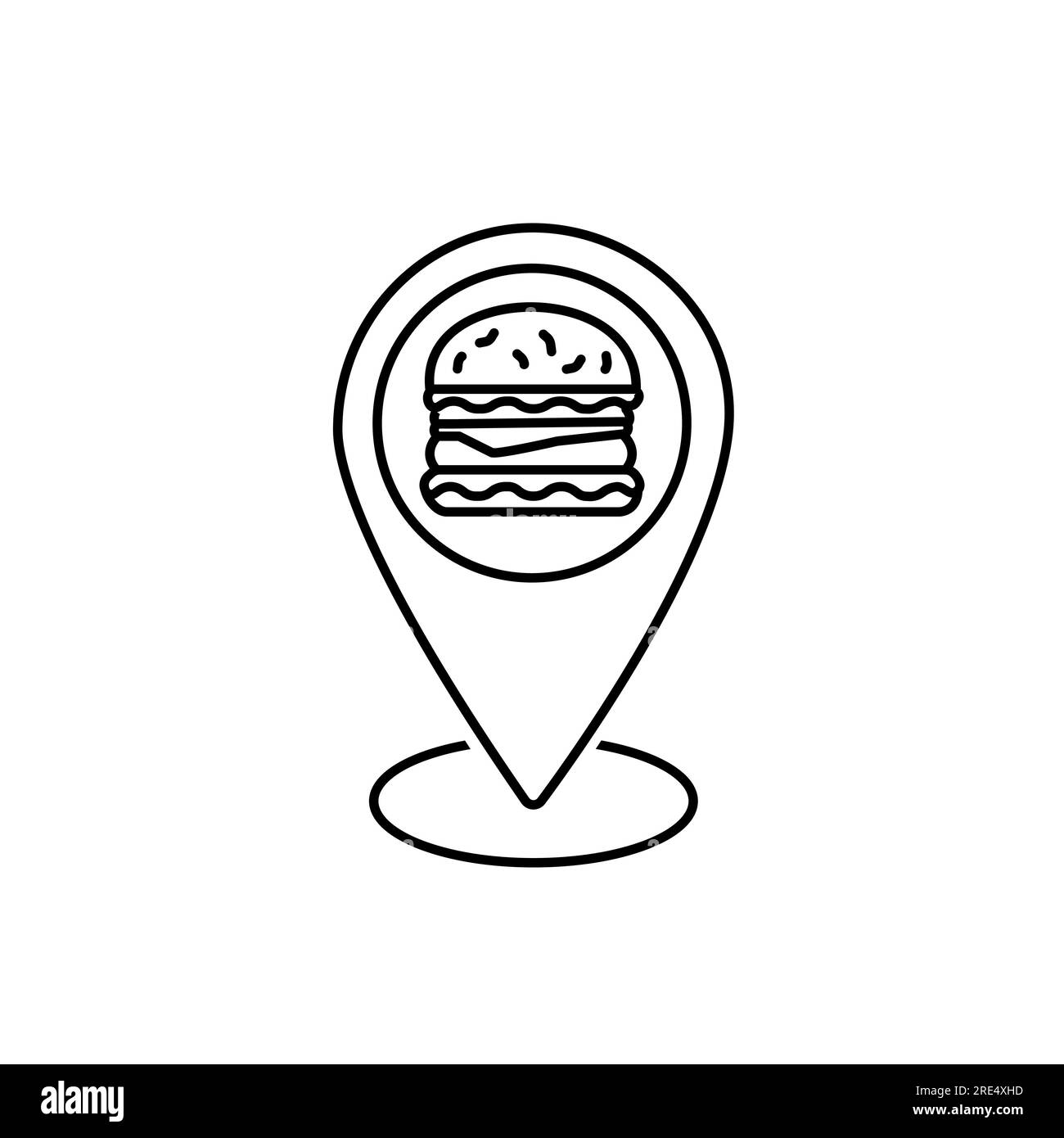 Icona della linea pin di posizione del ristorante. Insegna di stile lineare food point per concept mobile e web design. Marcatore mappa con icona del vettore di contorno del fast food. Illustrazione Vettoriale