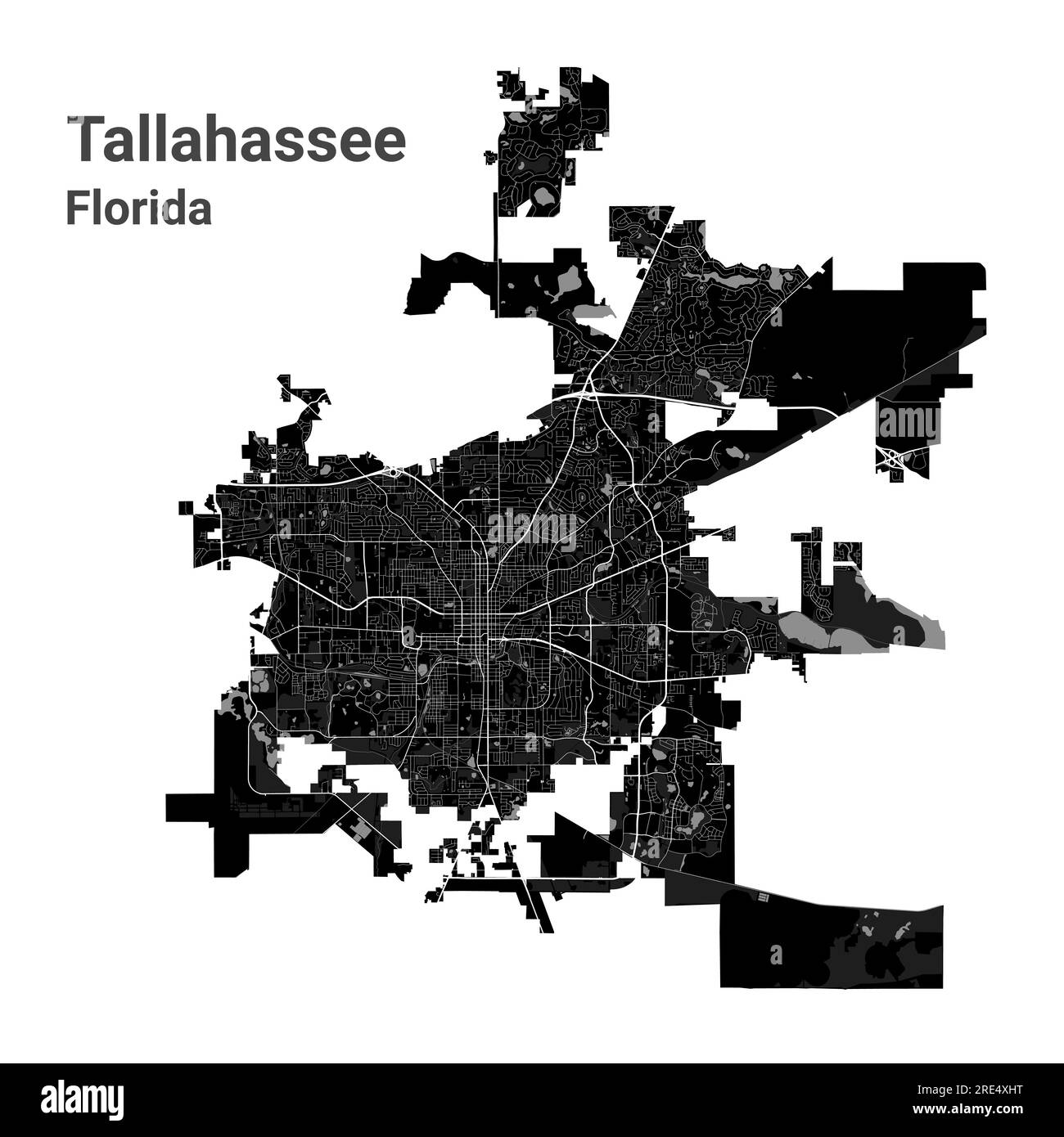 Mappa della città di Tallahassee, capitale dello stato americano della Florida. Confini amministrativi comunali, mappa dell'area in bianco e nero con fiumi e strade, parchi e. Illustrazione Vettoriale