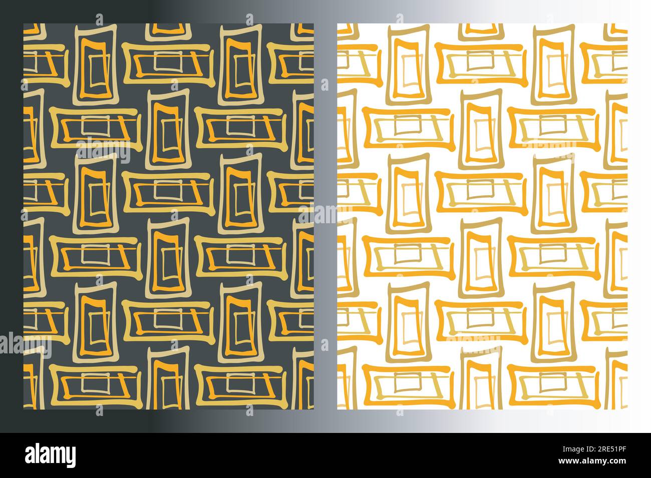Pattern senza cuciture geometrici a forma di rettangolo, set di 2. Linea di pennelli a inchiostro disegnati a mano, stile cartone animato a doodle, tavolozza di colori giallo oro e arancione. Bianco Illustrazione Vettoriale