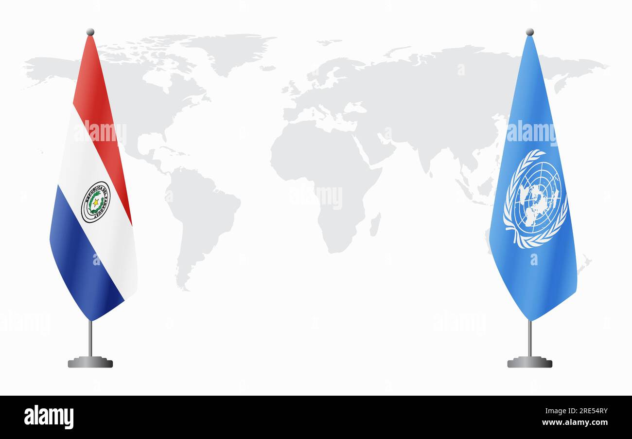 Bandiere del Paraguay e delle Nazioni Unite per un incontro ufficiale sullo sfondo della mappa mondiale. Illustrazione Vettoriale