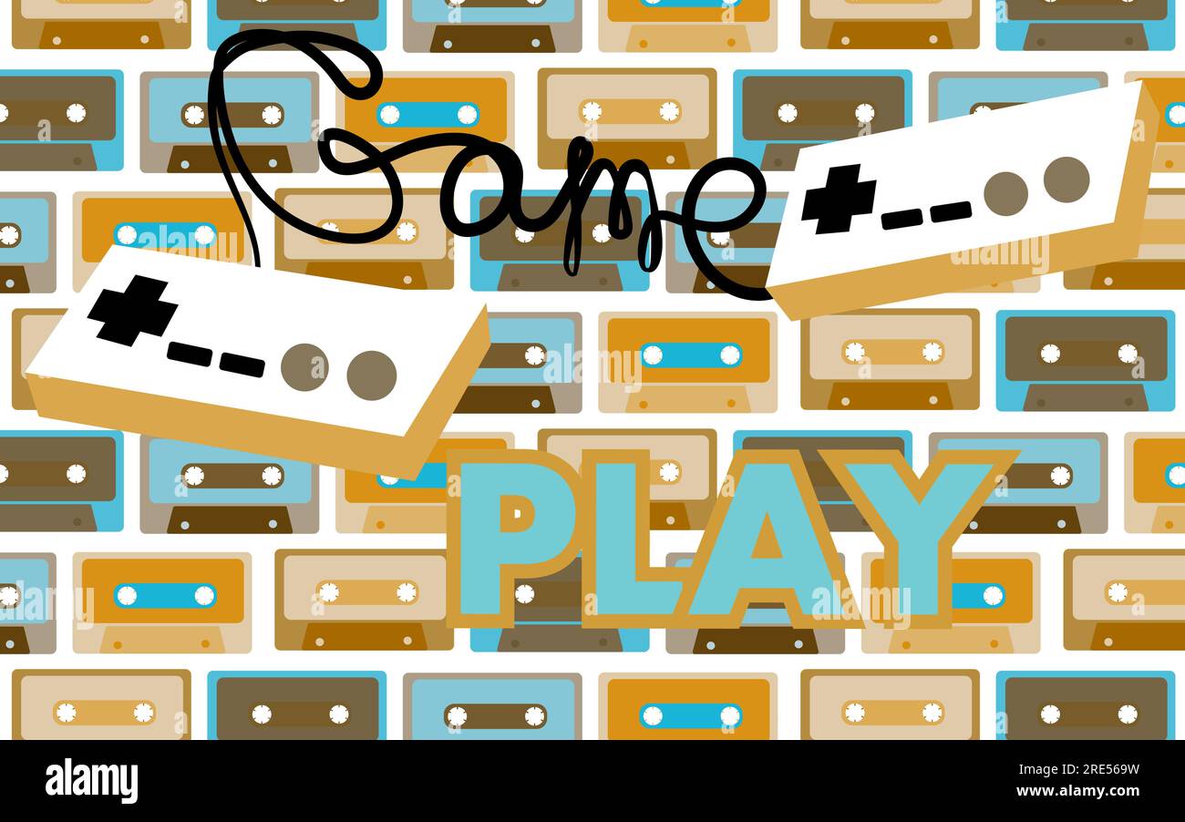 Vecchio controller di gioco vintage retrò hipster per giochi per computer e un'iscrizione di gioco degli anni '70, '80 e '90 su uno sfondo di audio CA Illustrazione Vettoriale