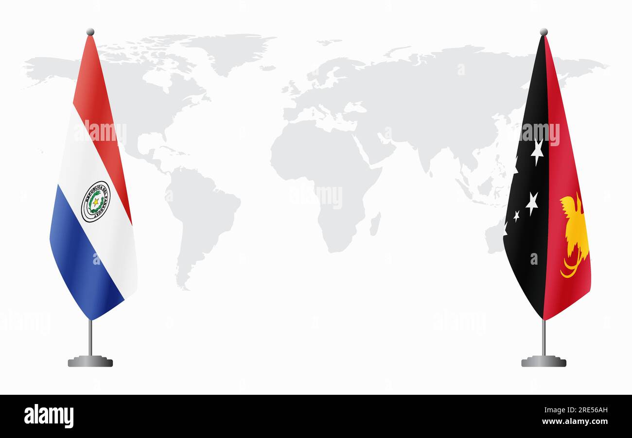 Paraguay e Papua nuova Guinea bandiere per un incontro ufficiale sullo sfondo della mappa mondiale. Illustrazione Vettoriale