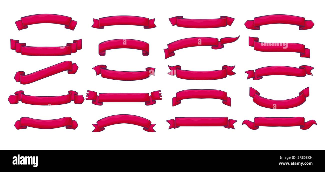 Serie di banner con nastro rosso. Rotoli vintage di nastro bianco e fascia con bordi arricciati e rotoli. Decorazioni festive per premi vincitori, pubblicità per festeggiamenti e saldi, regalo di Natale o di compleanno Illustrazione Vettoriale