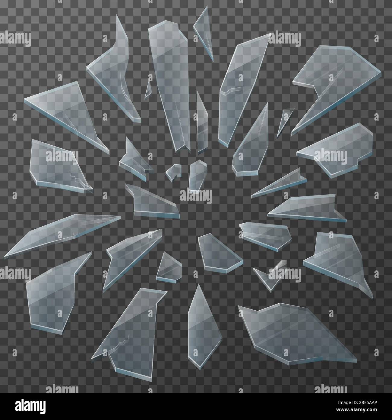 Frammenti di vetro rotti design vettoriale realistico. Detriti di vetro trasparente di finestre frantumate, pezzi frantumati, frammenti incrinati e piccole particelle con bordi affilati su sfondo trasparente Illustrazione Vettoriale