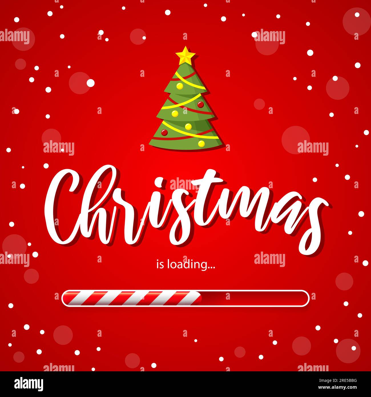 Barra di caricamento Natale o sfondo vettoriale rosso per il conto alla rovescia di Capodanno. Barattolo natalizio caramelle con decorazioni dell'albero di Natale e fiocchi di neve per le prossime vacanze invernali Illustrazione Vettoriale