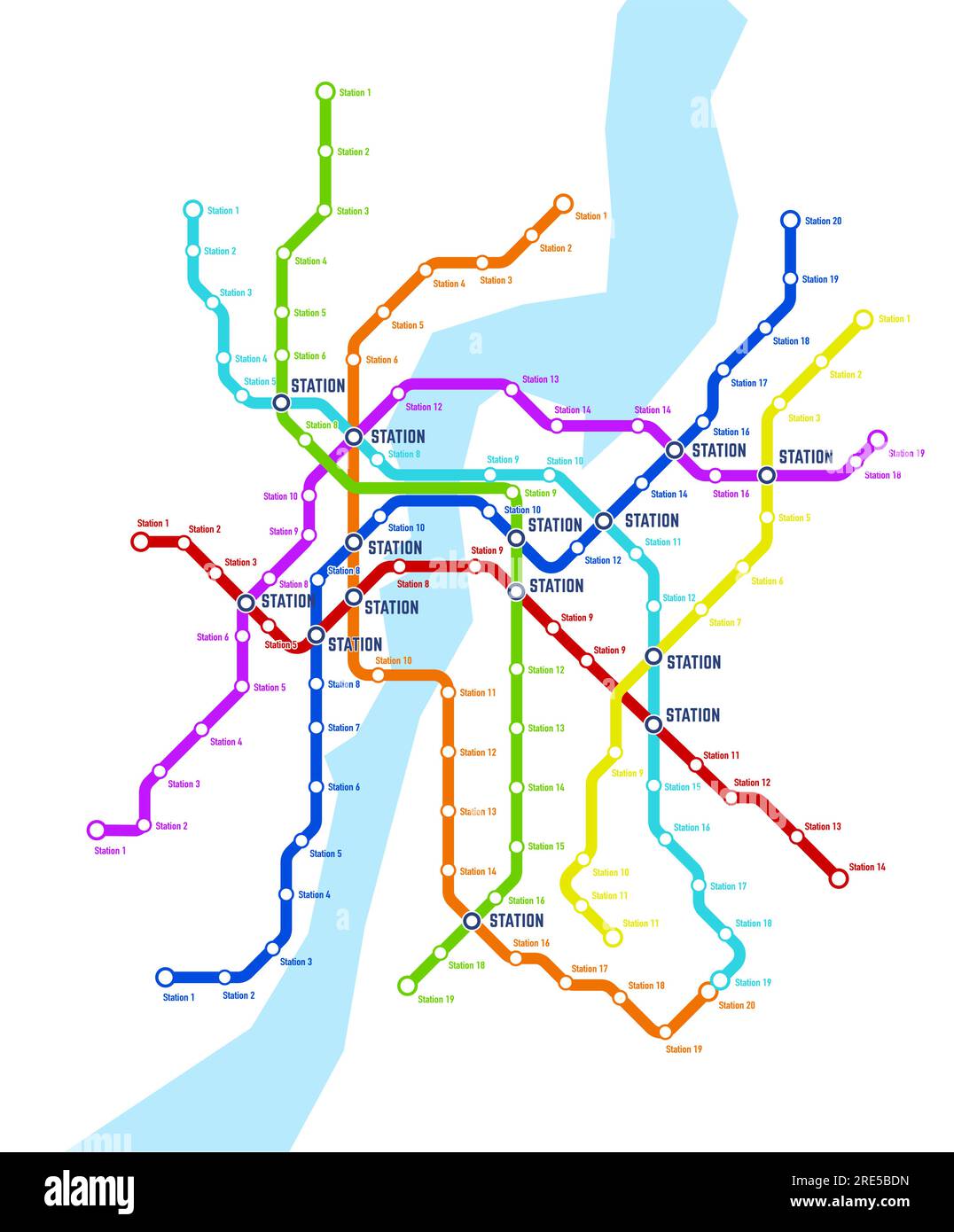 Metropolitana, metropolitana, sistema di trasporto sotterraneo mappa vettoriale. Piano della linea di trasporto ferroviario con stazioni della metropolitana Illustrazione Vettoriale