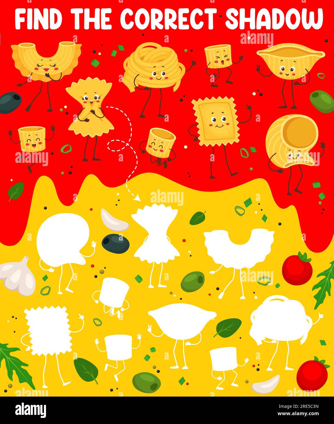 Trova l'ombra corretta del gioco a quiz vettoriale dei personaggi della pasta italiana dei cartoni animati. Foglio di lavoro del puzzle per bambini con simpatici maccheroni, graziose farfalle, fettuccine, conchiglie e ravioli Illustrazione Vettoriale