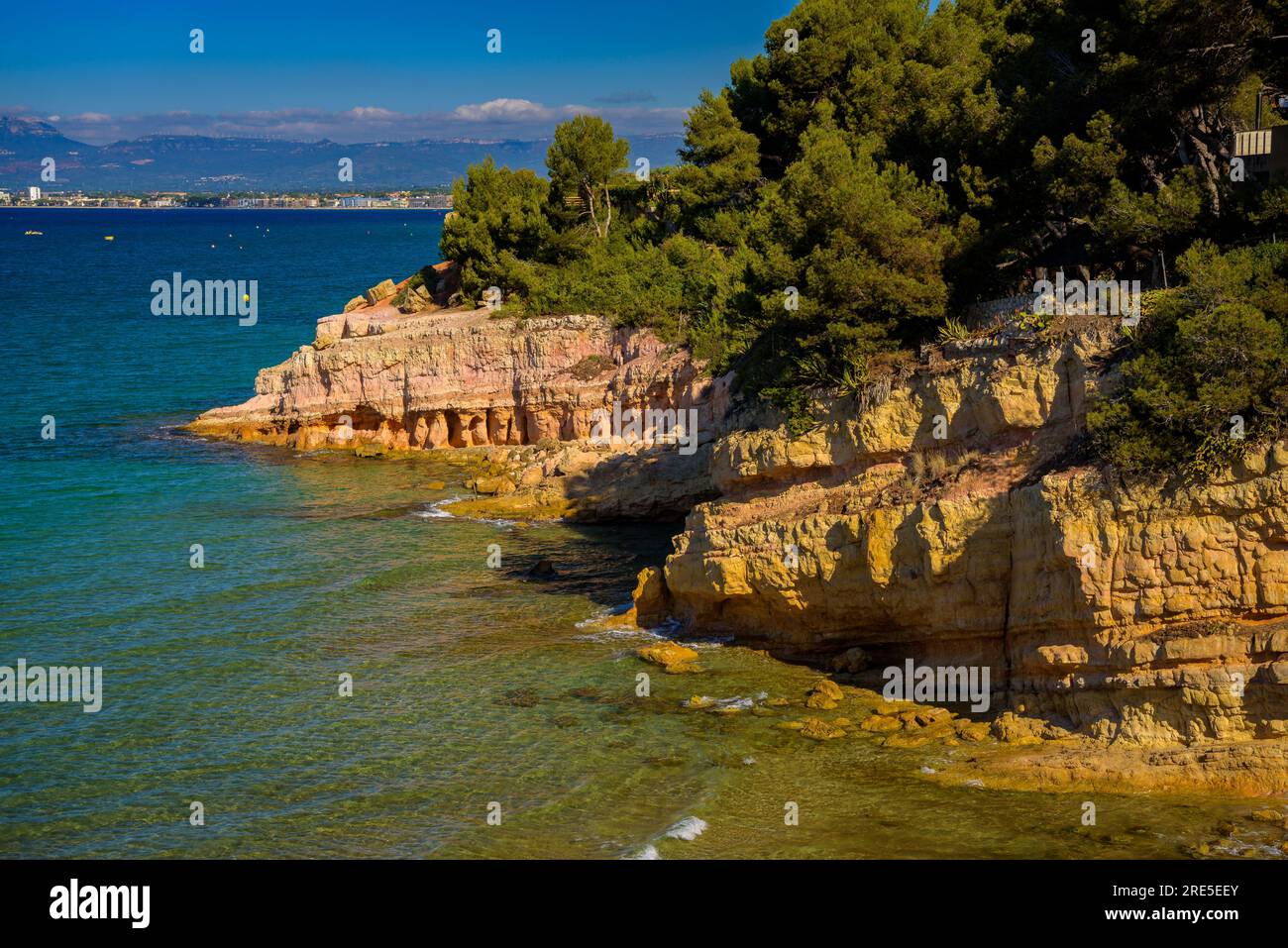 Vista della baia Cala de la Penya Tallada e delle sue scogliere e della foresta circostante a Salou, sulla costa della Costa Daurada (Tarragona, Catalogna, Spagna) Foto Stock