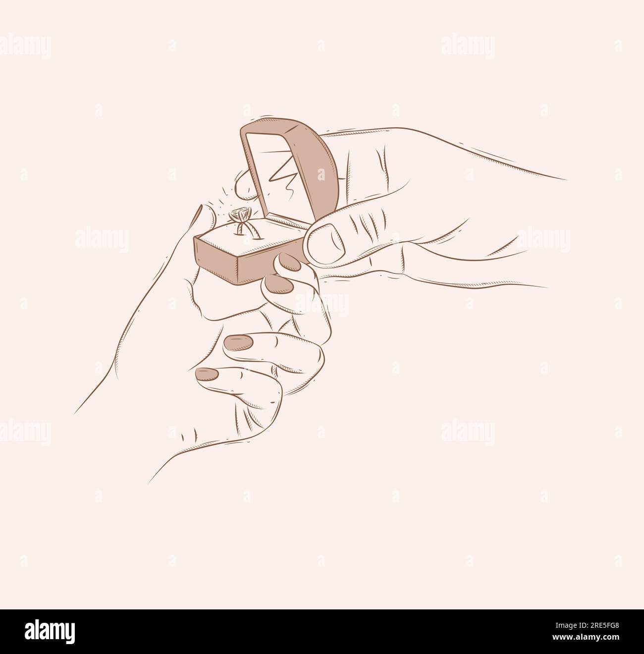L'uomo fa un matrimonio con una ragazza e dà un anello in una scatola di gioielli disegnando uno sfondo beige Illustrazione Vettoriale
