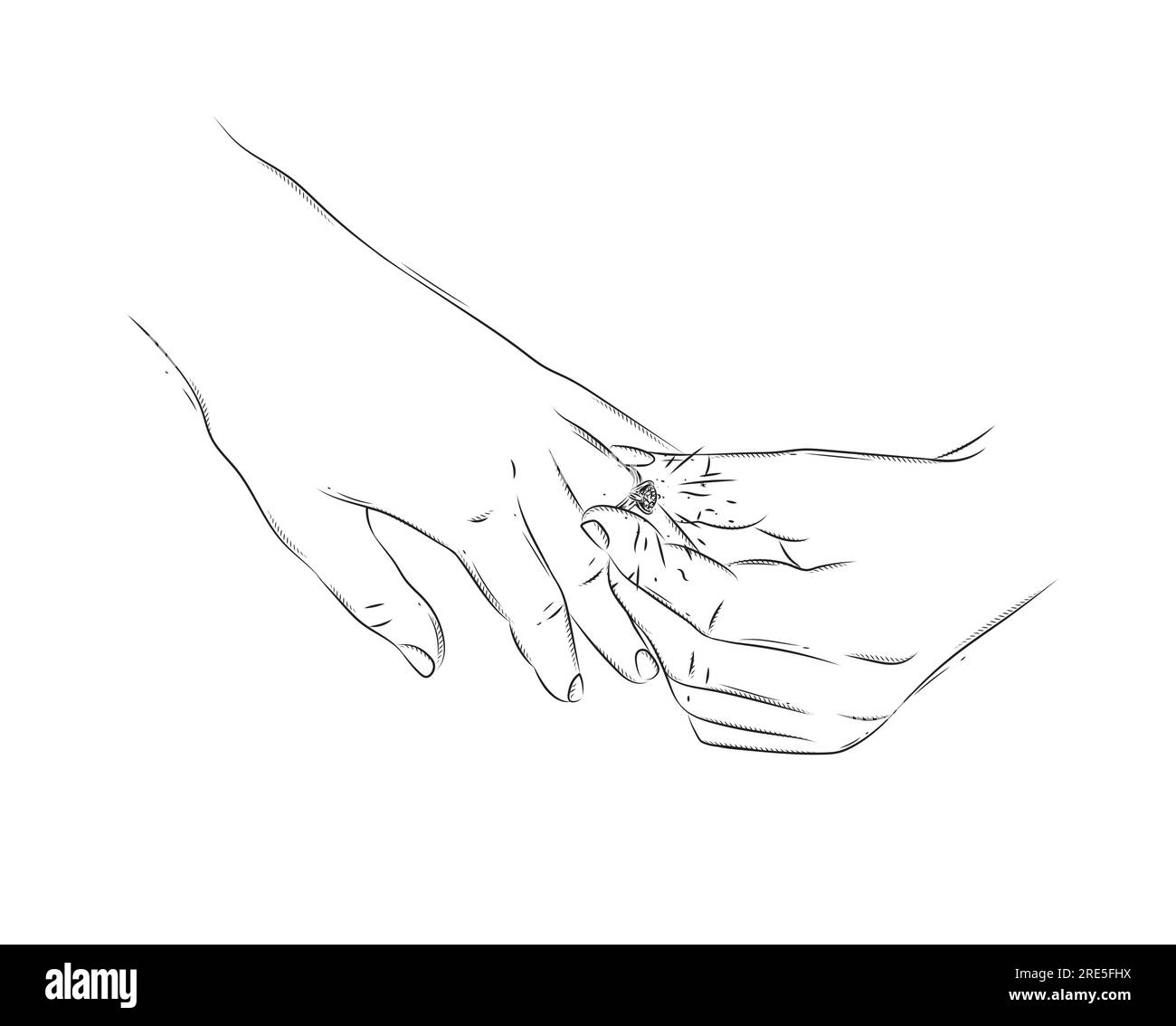 Mano di un uomo che indossa un anello nuziale su un dito di donna che disegna su sfondo bianco Illustrazione Vettoriale