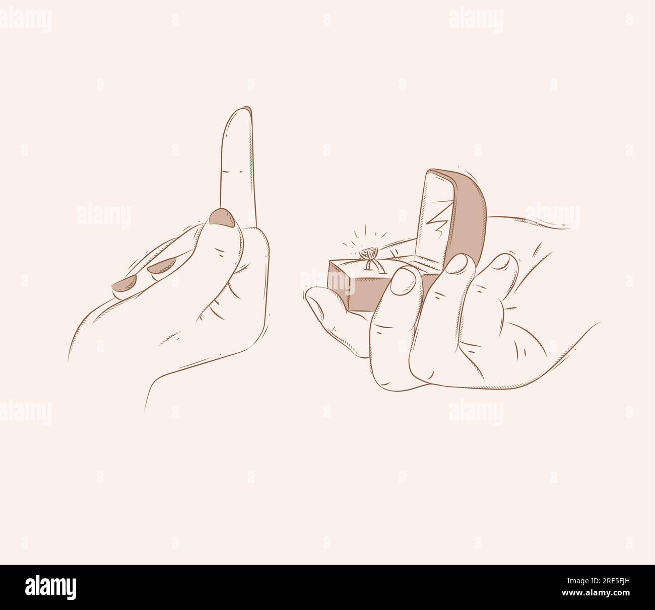 Proposta di matrimonio con un anello in una scatola di gioielli che disegna su sfondo beige Illustrazione Vettoriale