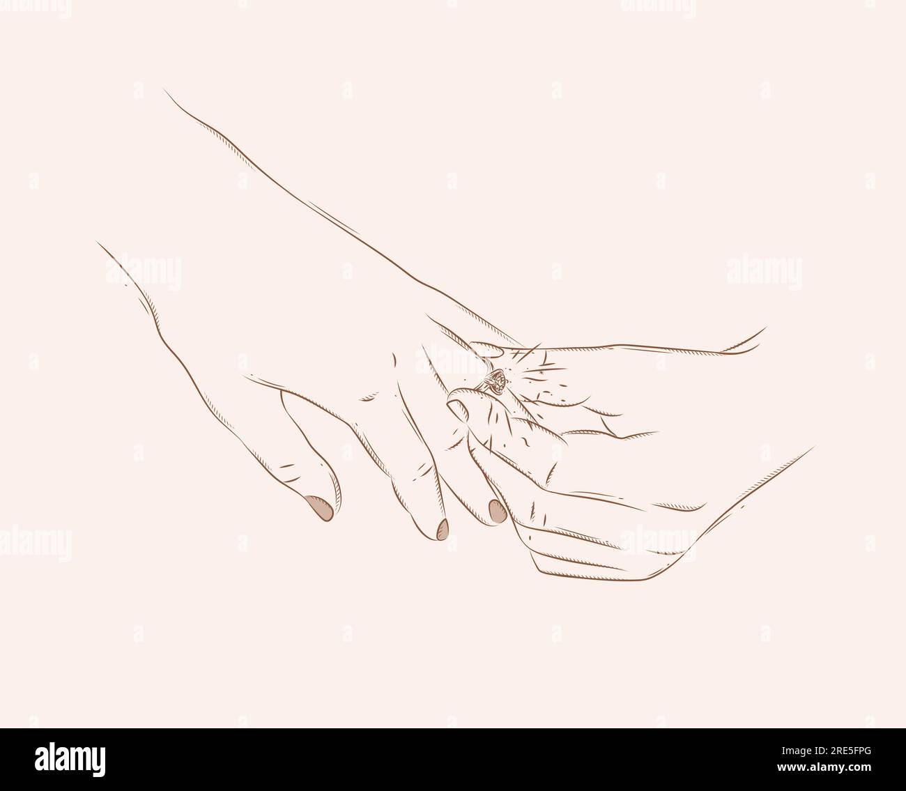 Mano di un uomo che indossa un anello nuziale su un dito di donna che disegna su sfondo beige Illustrazione Vettoriale