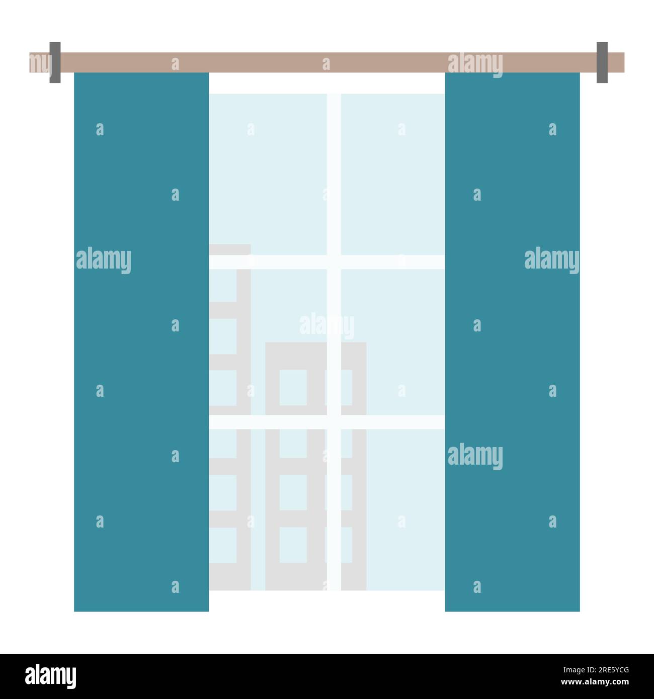 Finestra a casa con lunghe tende classiche, vista sul cielo e sulle sagome delle case, elemento di design degli interni, illustrazione vettoriale Illustrazione Vettoriale