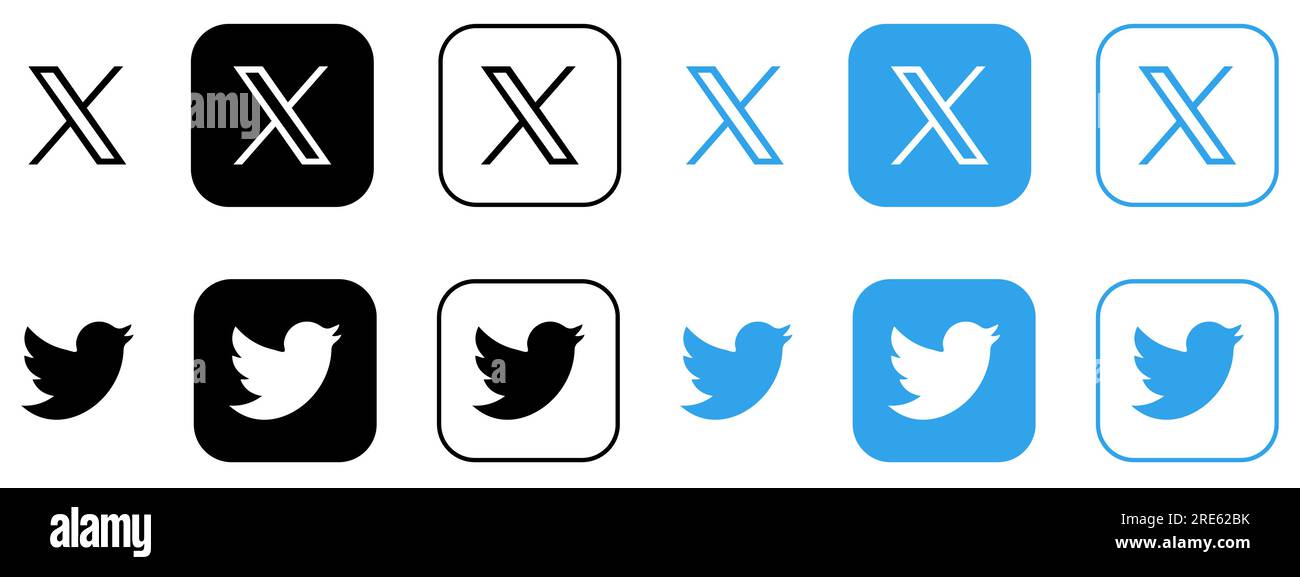 Set di logo vecchi e nuovi di Twitter. Icone dei vettori editoriali Illustrazione Vettoriale
