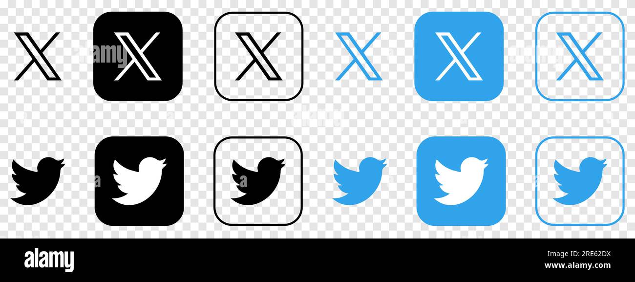Logo vecchi e nuovi di Twitter. Icone vettoriali editoriali isolate su sfondo trasparente Illustrazione Vettoriale