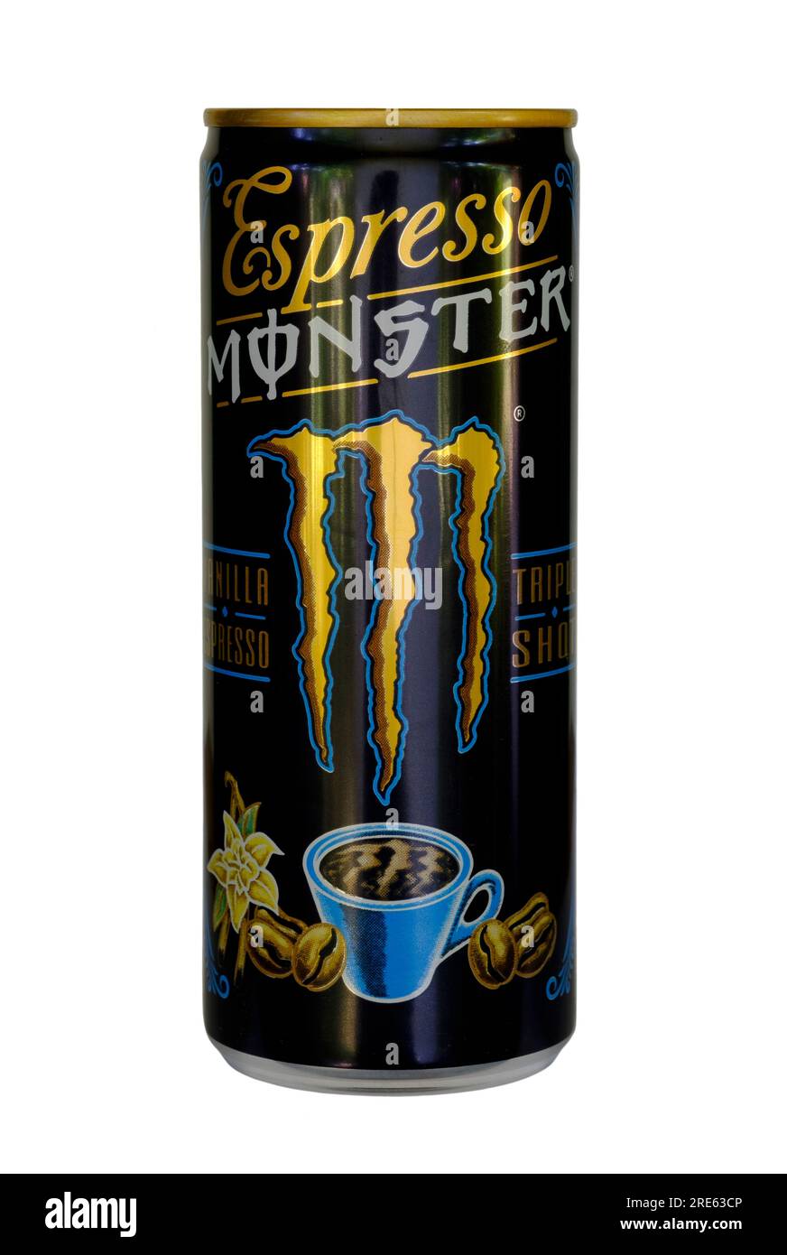 barattolo di bevanda energetica espresso mostro tagliata su sfondo bianco Foto Stock