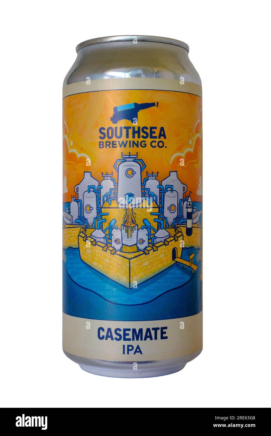 barattolo della southsea brewing company casemate ipa ritagliato su sfondo bianco Foto Stock