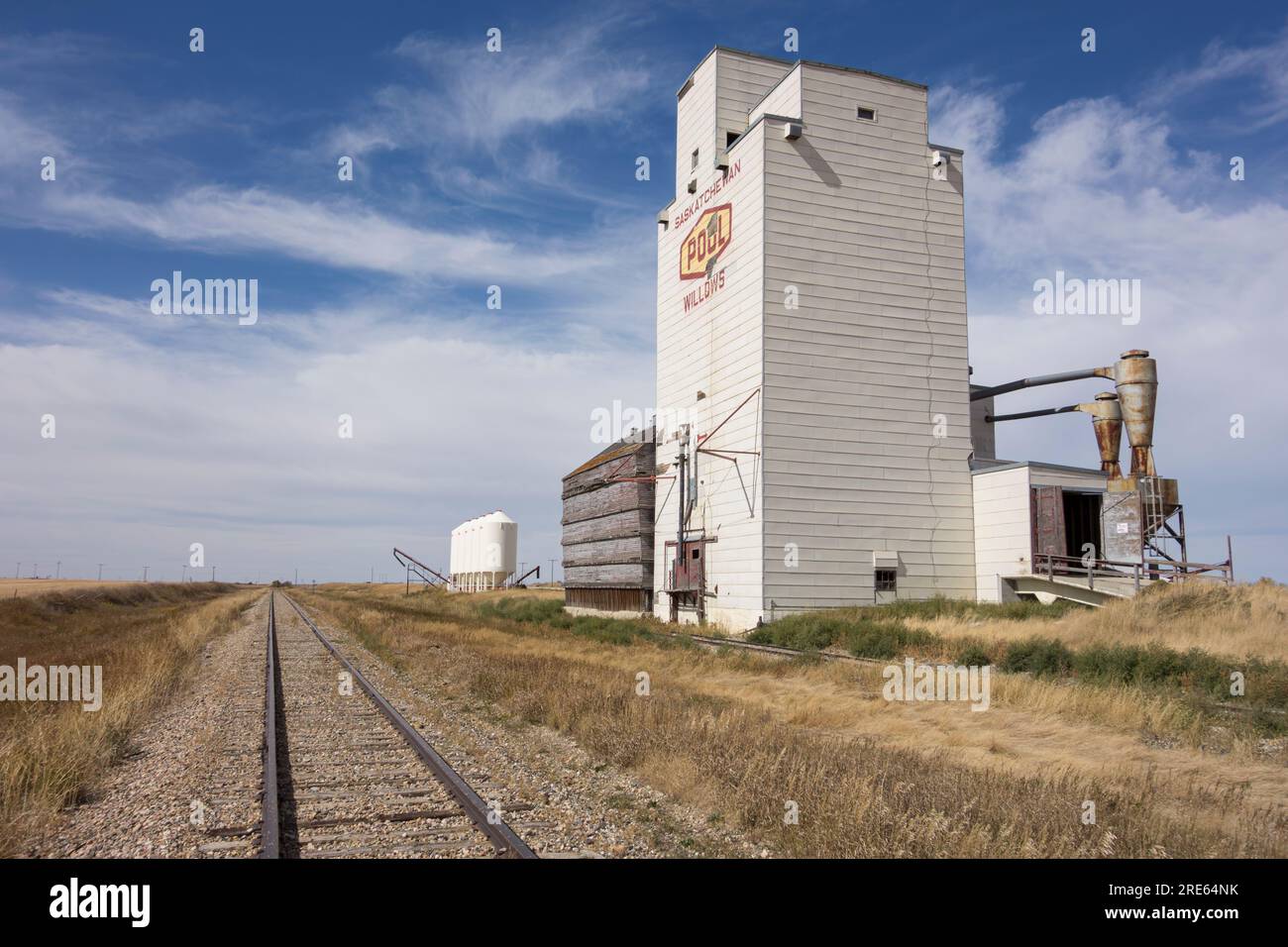 L'elevatore per grano Willows lungo la Saskatchewan Highway 13 a est di Assiniboia, in Canada. Foto Stock