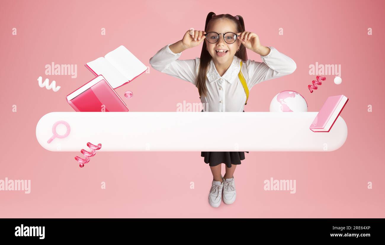 Collage con Schoolgirl vicino alla barra di ricerca online su sfondo rosa Foto Stock