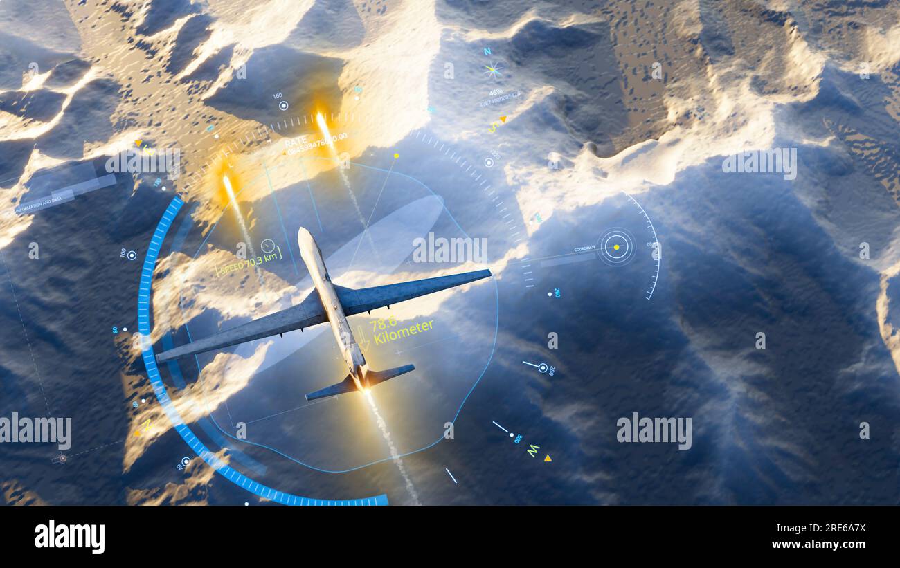 Vista satellitare della terra, operazioni di guerra, fantascienza. Obiettivo militare. Drone che sorvola un'area. Operazione militare. Funzionamento sotto copertura. Rilievi di montagna Foto Stock