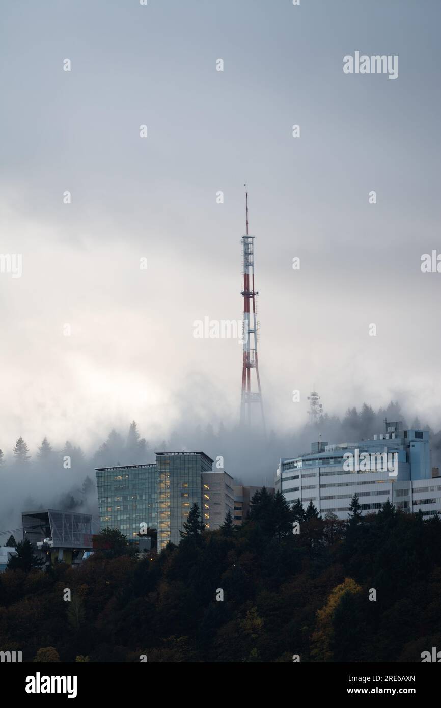 Riva nebbia che si snoda sulle West Hills e sul campus dell'Oregon Health Sciences University (OHSU). Portland, Oregon, Stati Uniti. Foto Stock