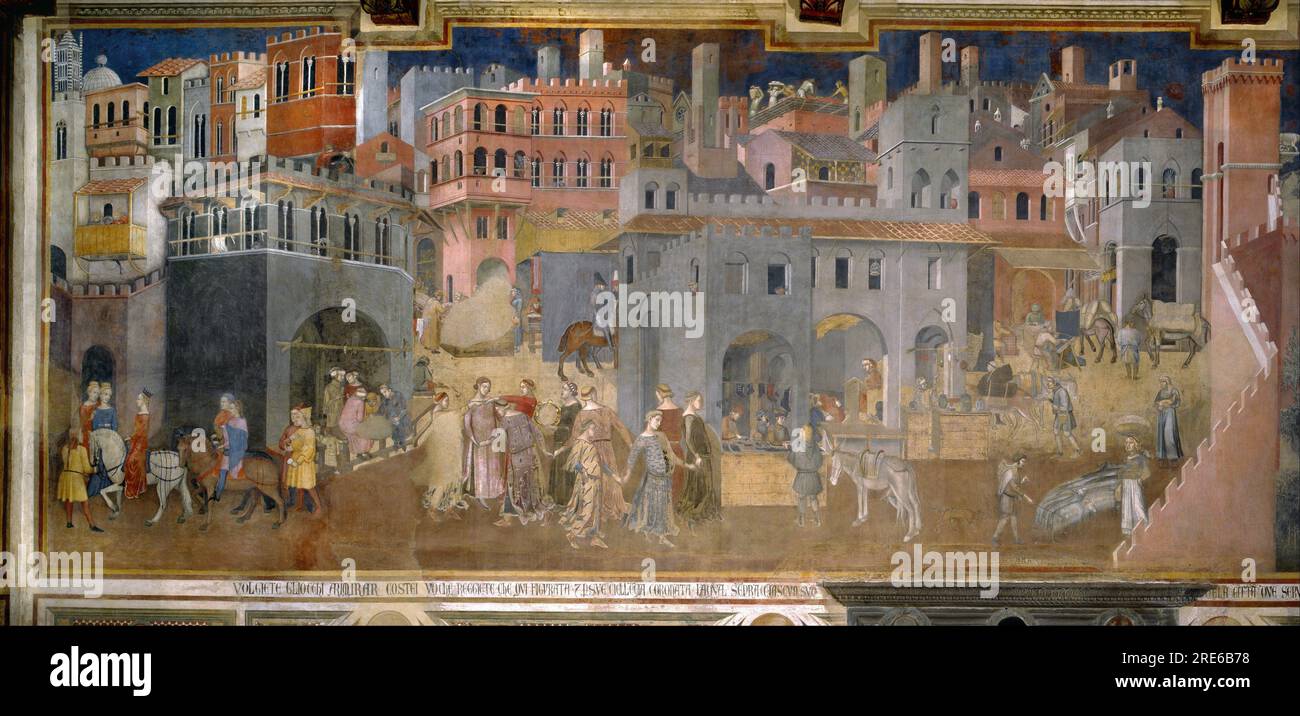 Titolo: Effetti del buon governo in città artista: Ambrogio Lorenzetti Data: 1338-1339 dimensioni: Non specificato Medio: Affresco luogo: Palazzo pubblico, Siena, Italia Foto Stock