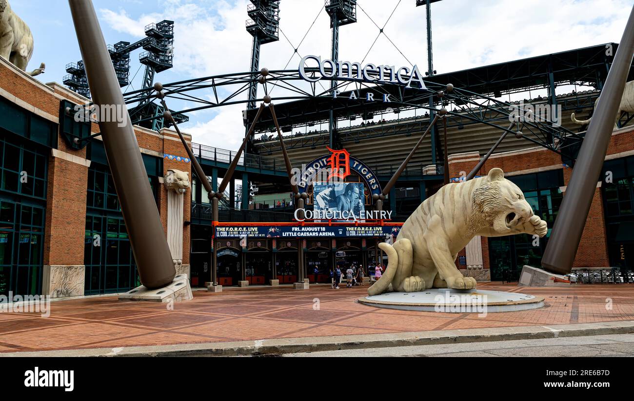 Comerica Park, il campo da baseball di Detroit Tigers Major League Baseball team, nel centro di Detroit, nel Michigan, Stati Uniti d'America Foto Stock