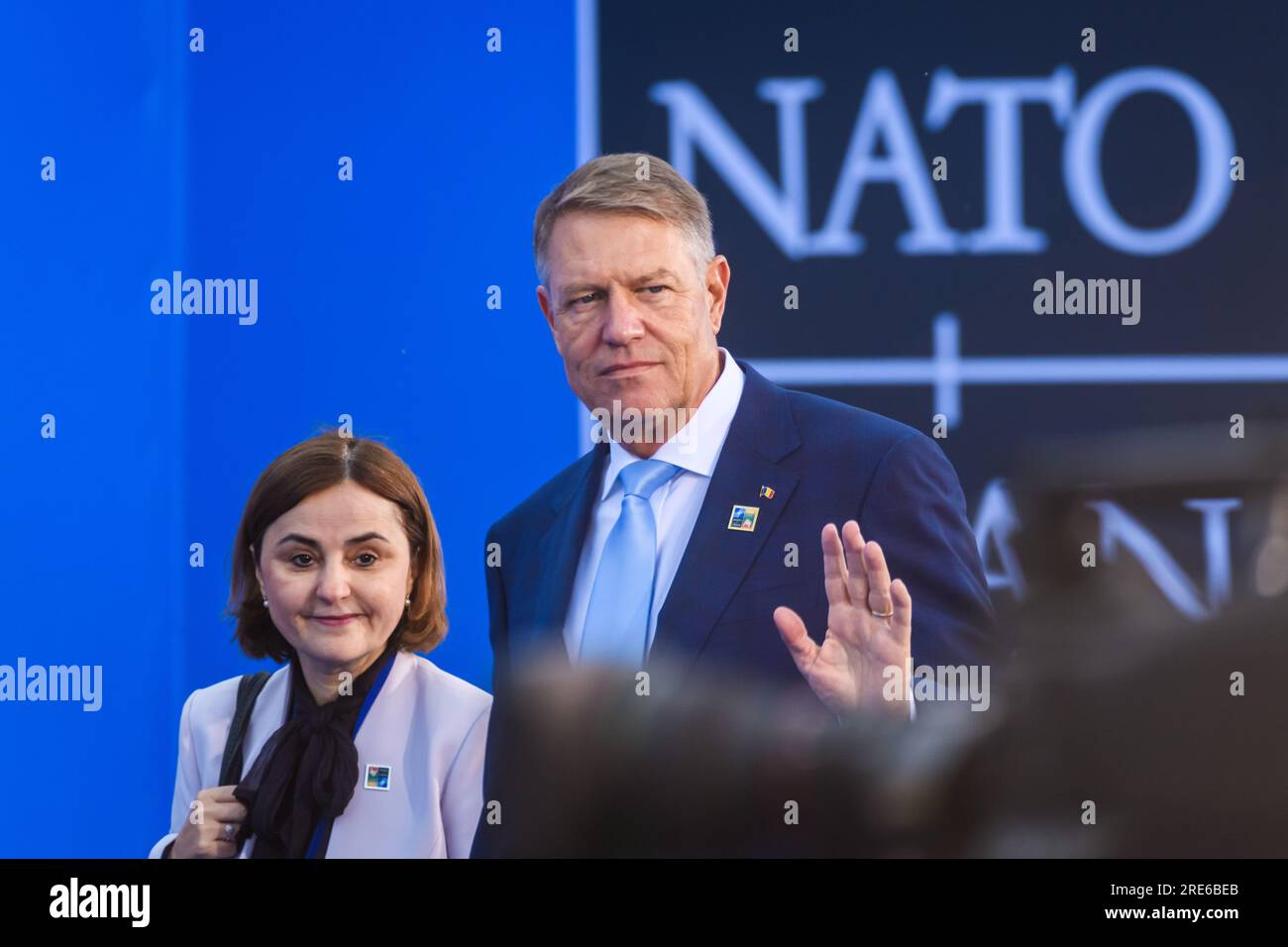 VILNIUS, LITUANIA. 12 luglio 2023. Klaus Werner Iohannis, presidente della Romania, durante il SUMMIT NATO 2023 Doorstep. Foto Stock