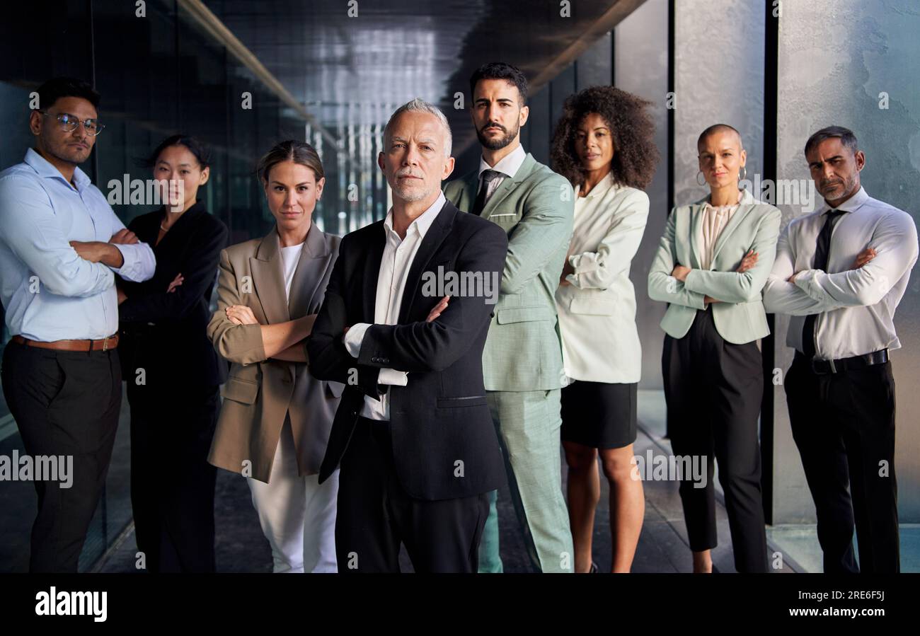 Ritratti di squadra professionisti di successo multietnici che mettono fiducia in se stessi. Colleghi giovani e maturi. Foto Stock
