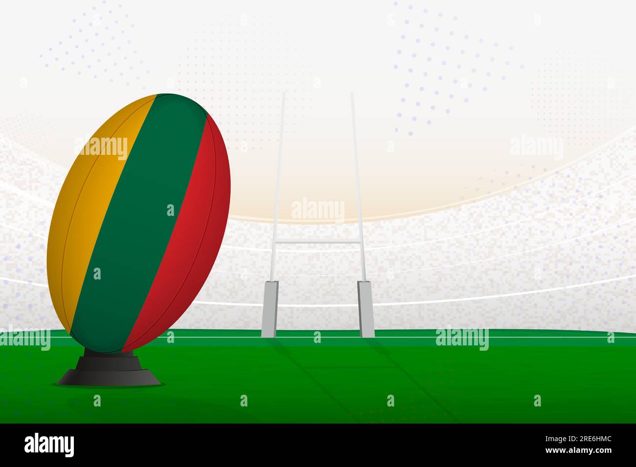 Pallone di rugby della nazionale lituana su stadio di rugby e pali di goal, preparandosi per un rigore o un calcio di punizione. Illustrazione vettoriale. Illustrazione Vettoriale