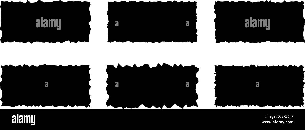 Set di pezzi di carta strappati. Cornici rettangolari nere con bordi frastagliati. Collezione di silhouette rettangolari strappate. Pacchetto di elementi grunge testurizzati per collage, casella di testo, banner, adesivo. Vettore Illustrazione Vettoriale